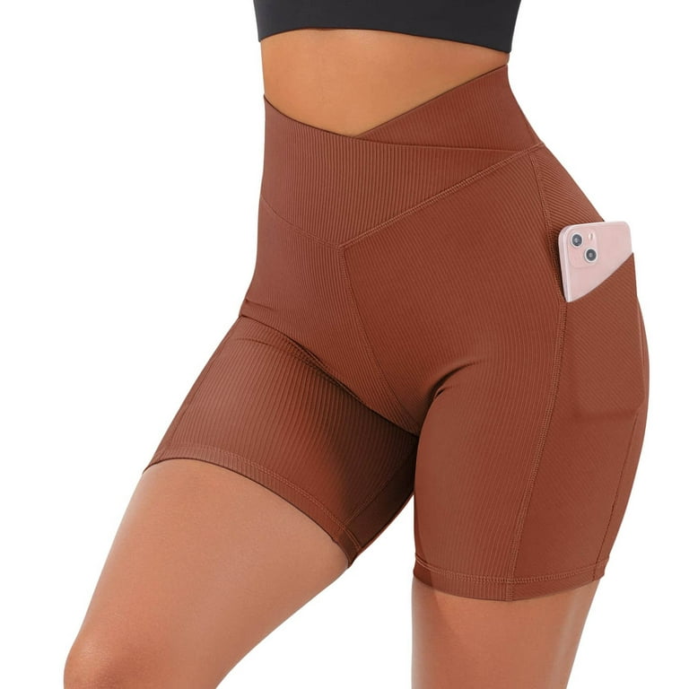 MRULIC yoga shorts for women Women V Cross Waist Workout Shorts Butt  Lifting High Waisted Biker Shorts Coffee + XL 