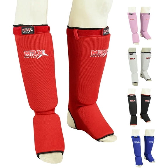 MRX BOXING & FITNESS Muay Thai Shin Guards Kick Boxing Leg & Foot Protector Pad MMA Shin Guard Extra Padding for Men or Women (Red, XXL)