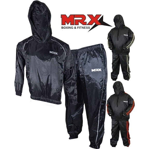 MRX Heavy Duty Sweat SAUNA SUIT With Hoodie Exercise Gym Suit Fitness Weight Loss Slimming MMA Training Black (XLarge)