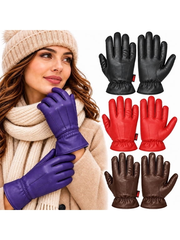 Ladies Warm Winter Gloves Dress Thermal Lining Genuine Leather Purple, XS