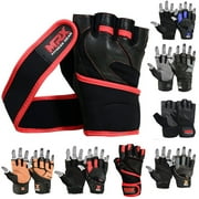 MRX Durable Anti-Slip Cowhide Leather Black/Red Weightlifting Gloves, Large