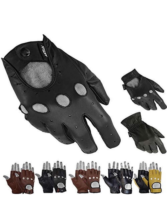 Mens Driving Gloves Button Soft Goat Leather Outdoor Glove Full Finger, Black (Large)