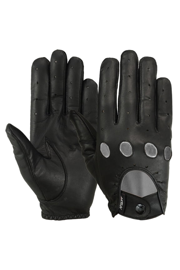 Mens Driving Gloves Button Soft Goat Leather Outdoor Glove Full Finger, Black (Small)
