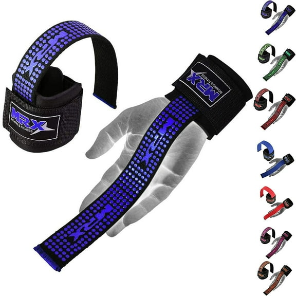 MRX WEIGHT LIFTING BAR STRAPS WITH WRIST WRAPS HEAVY DUTY BODYBUILDING WORKOUT GYM STRAP BLACK / BLUE