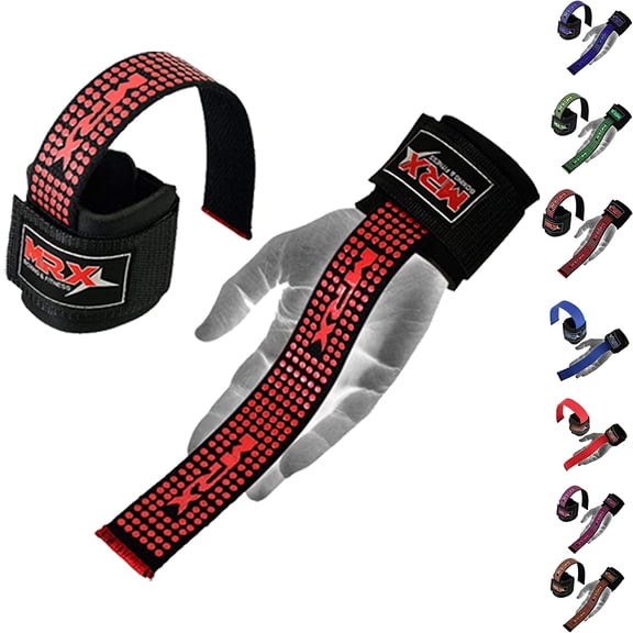 MRX WEIGHT LIFTING BAR STRAPS WITH WRIST WRAPS HEAVY DUTY BODYBUILDING WORKOUT GYM STRAP BLACK / RED