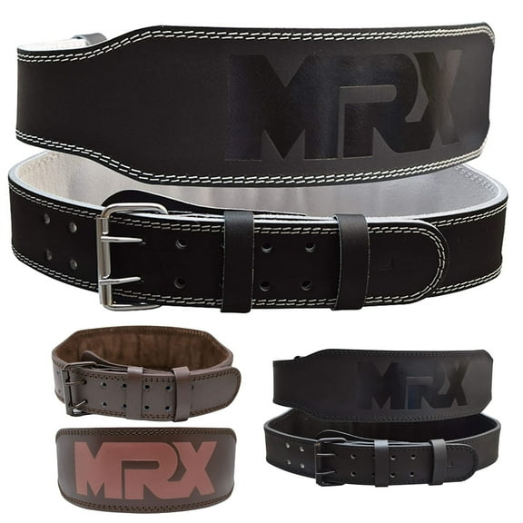 MRX Weight Lifting Belt Genuine Leather - 4 Inches Wide 8mm Thick Padded Lumbar Back Support Double Prong Powerlifting Belts Heavy Duty Deadlifts Workout Squats & Exercise Belt for Men & Women