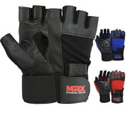 MRX Weight Lifting Gloves Leather Workout Glove with Long Wrist Strap Black X-Small