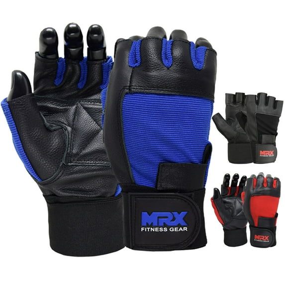 MRX Weight Lifting Gloves Leather Workout Glove with Long Wrist Strap Blue 2X-Large