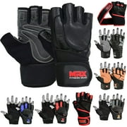 MRX Weight Lifting Leather Gloves With Long Wrist Strap for Better Wrist Support in Leather Black Small