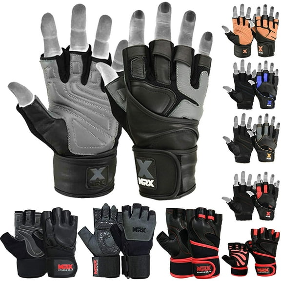 MRX Weight Lifting Pro Level Gloves With 18 Inches Long Wrist Strap Gym Workout Exercise & Fitness Black Grey (XX-Large)