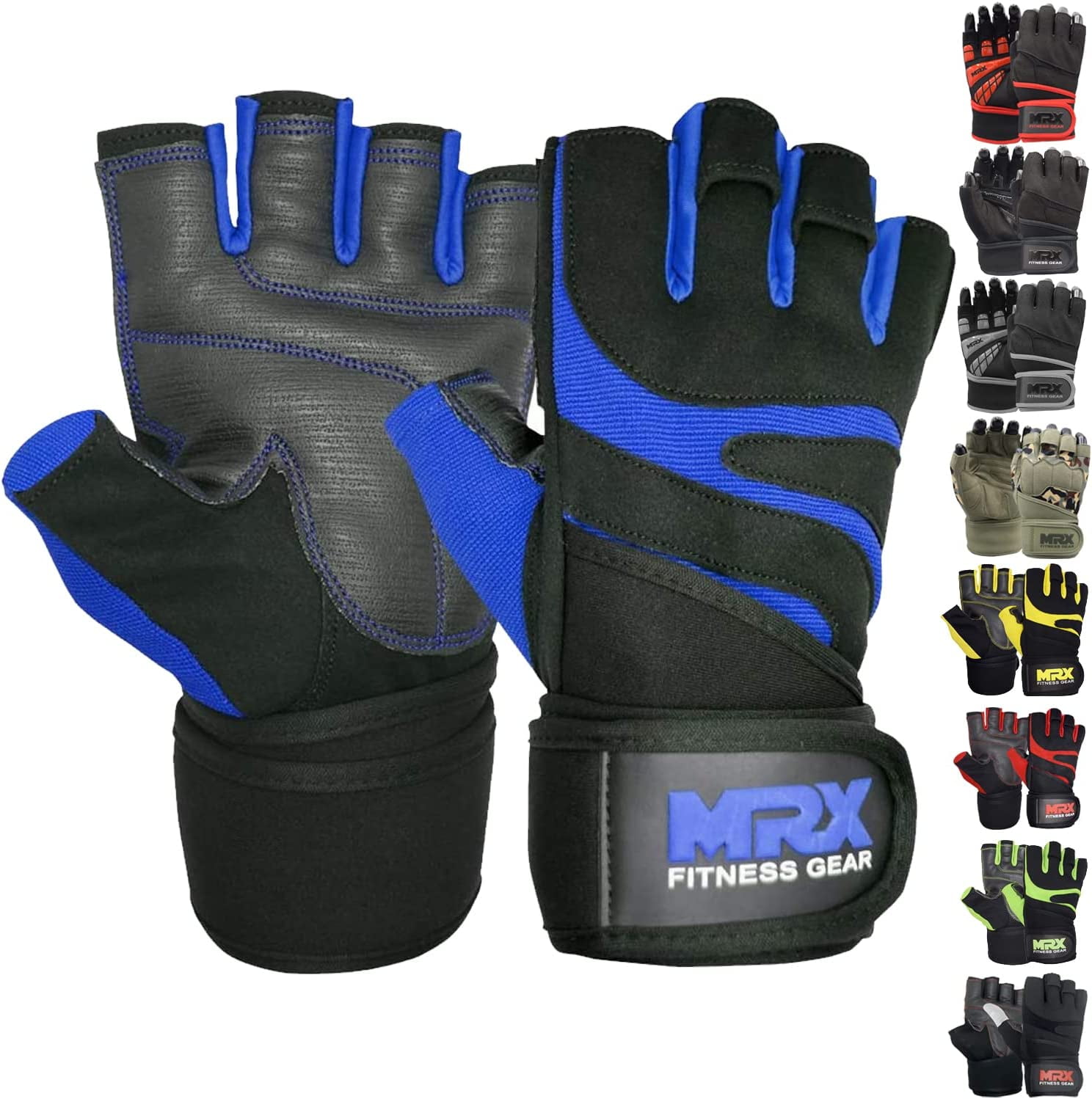 Weightlifting Gloves with Integrated Wrist Wrap Support Half Finger Body Building Gym Glove Blue Large
