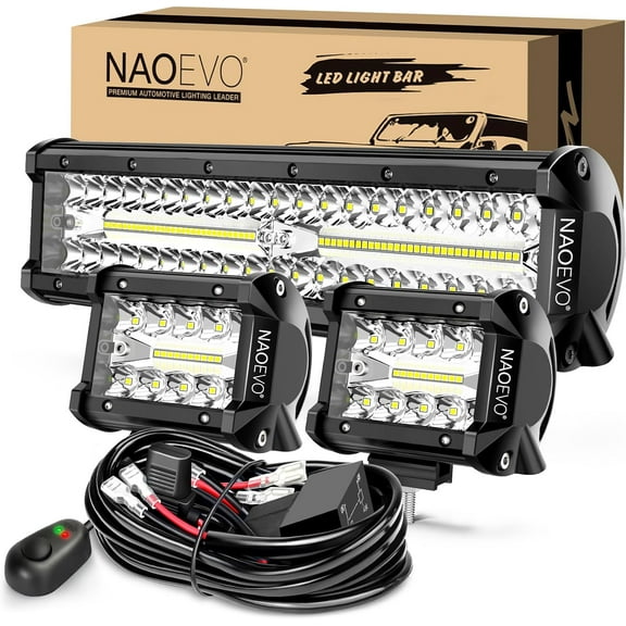 MRY 12 Inch LED Light Bar & 2-Pack 4 Inch LED Pods, 420W 42000LM Combo Beam, with Wiring Harness Kit