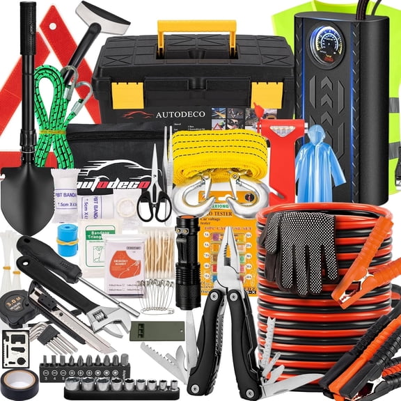 MRY 98 Piece Roadside Car Emergency Assistance Kit with Portable Air Compressor, Jumper Cables, Safety Hammer, All-in-One Pliers Tool Set, Black