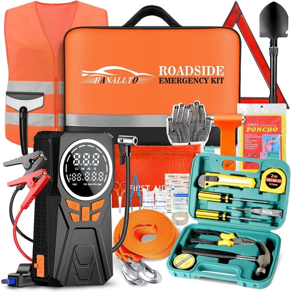 MRY Car Emergency Kit with Jumper Starter and Air Compressor, Roadside Emergency Tool Kit for Truck Vehicle Auto, Men Women Winter Travel Safety Essentials, Survival Bag with First Aid Kit