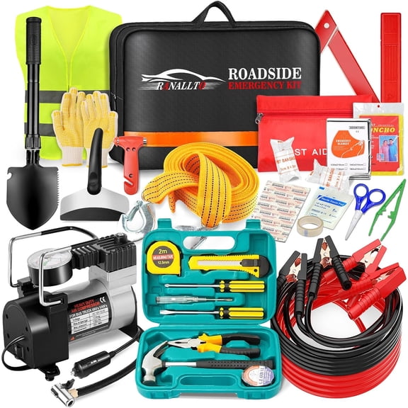 MRY Car Emergency Roadside Kit, Vehicles Truck Roadside Safety Tool Kit with Air Compressor, Women Men Auto Winter Essentials Survival Kit with Jumper Cables, First Aid Kit, Blanket, Shovel