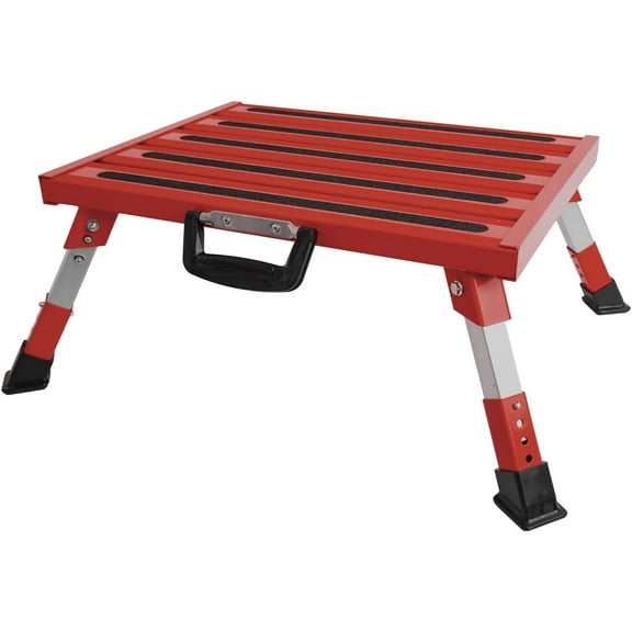 MRY Foldable RV Step Stool, Portable Aluminum Platform with Anti-Slip Safety Surface and Handles, Adjustable Height Folding Steps Supports Up to 1000 lbs, 19" x 14.5", Red