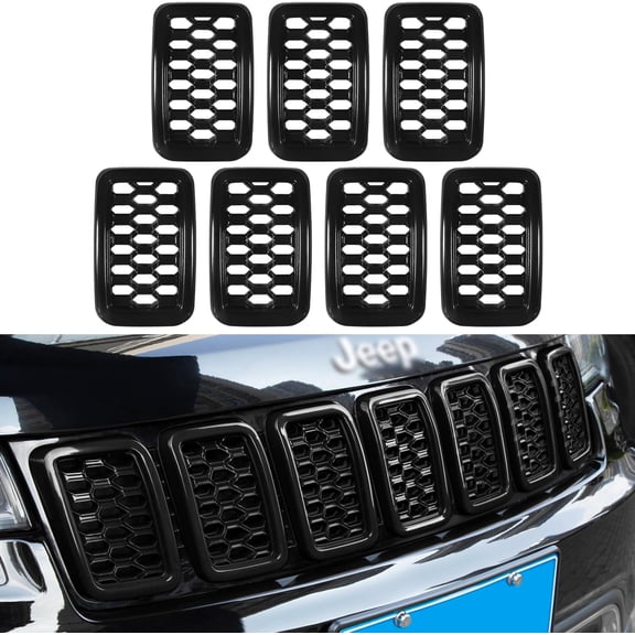 MRY Grill Inserts Rings Covers for Jeep Grand Cherokee 2017-2021, Honeycomb Grill Mesh Exterior Accessories Cover Overlay Kit, Not Fit SRT, Trackhawk, or 2021 Grand Cherokee L Models, Black