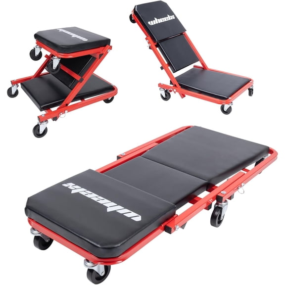MRY Mechanic Creeper 36" 3-in-1 Mode Z Seat, 340 lbs Capacity, Foldable Garage Adjustable Rolling with 6 Wheels, Lay Down, Sit, Lean Back, Under Car Auto Repair, Red Frame