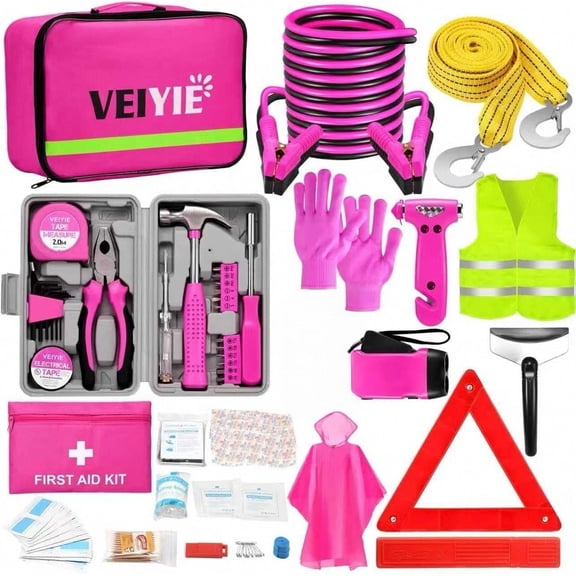 MRY Roadside Emergency Car Kit for Vehicles, Pink Car First Aid Kit Emergency Kit with Jumper Cables, Car Safety Kit, Tow Strap, Tool Kit, Road Trip Assistance, Gift for Men, Women, New Driver
