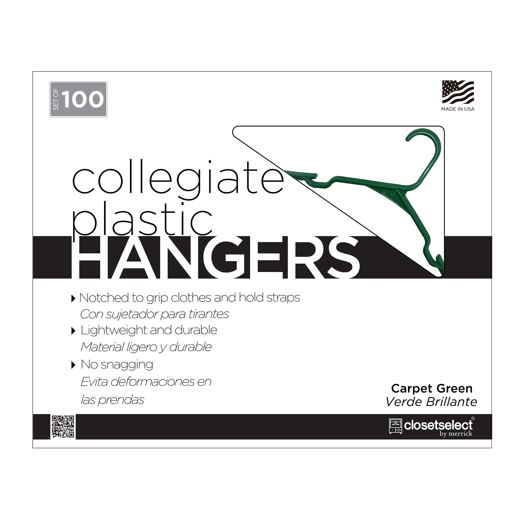 Closetselect Plastic Notched Adult Hangers for Any Clothing Type, Carpet Green 100 Count