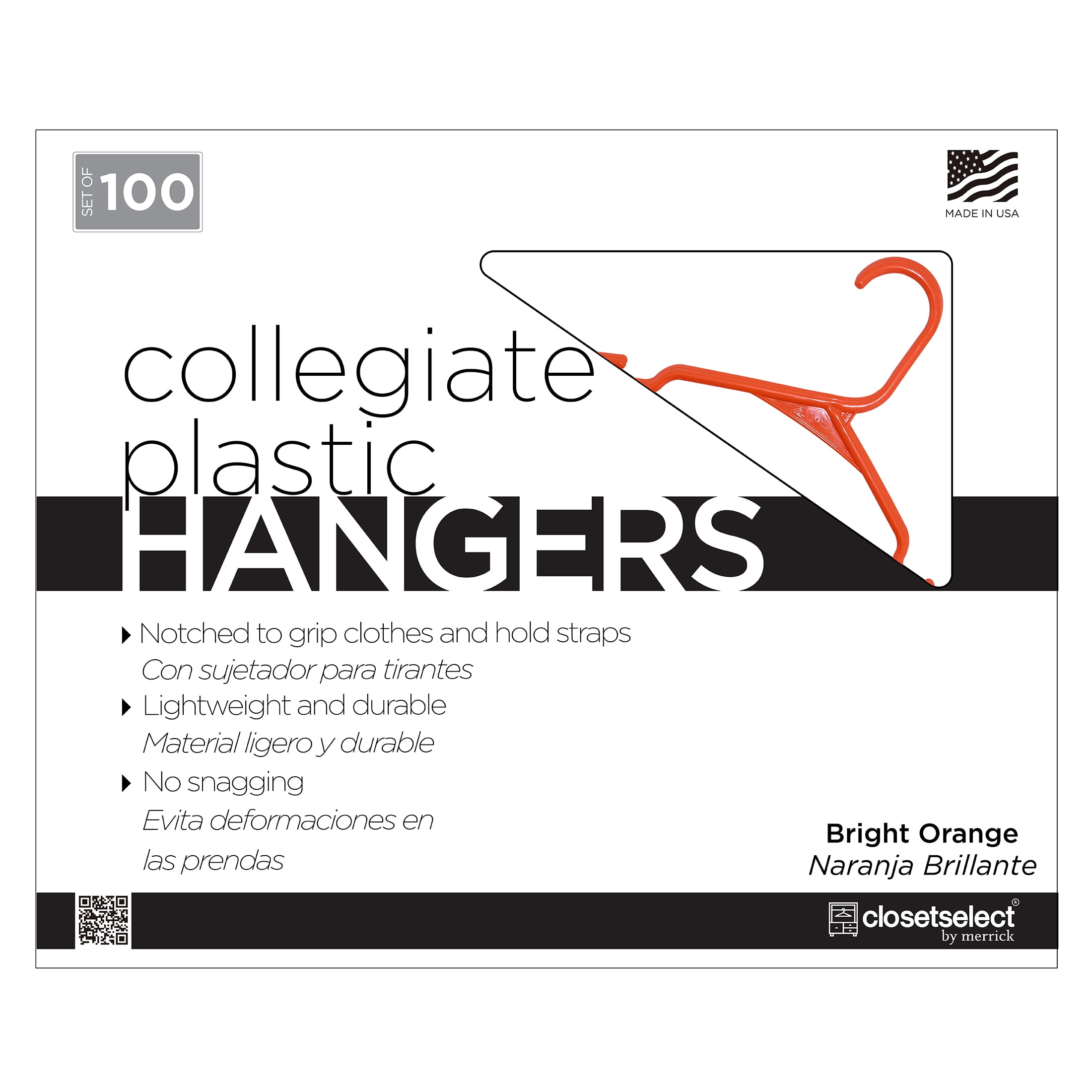 Closetselect Plastic Notched Adult Hangers for Any Clothing Type, Bright Orange 100 Count