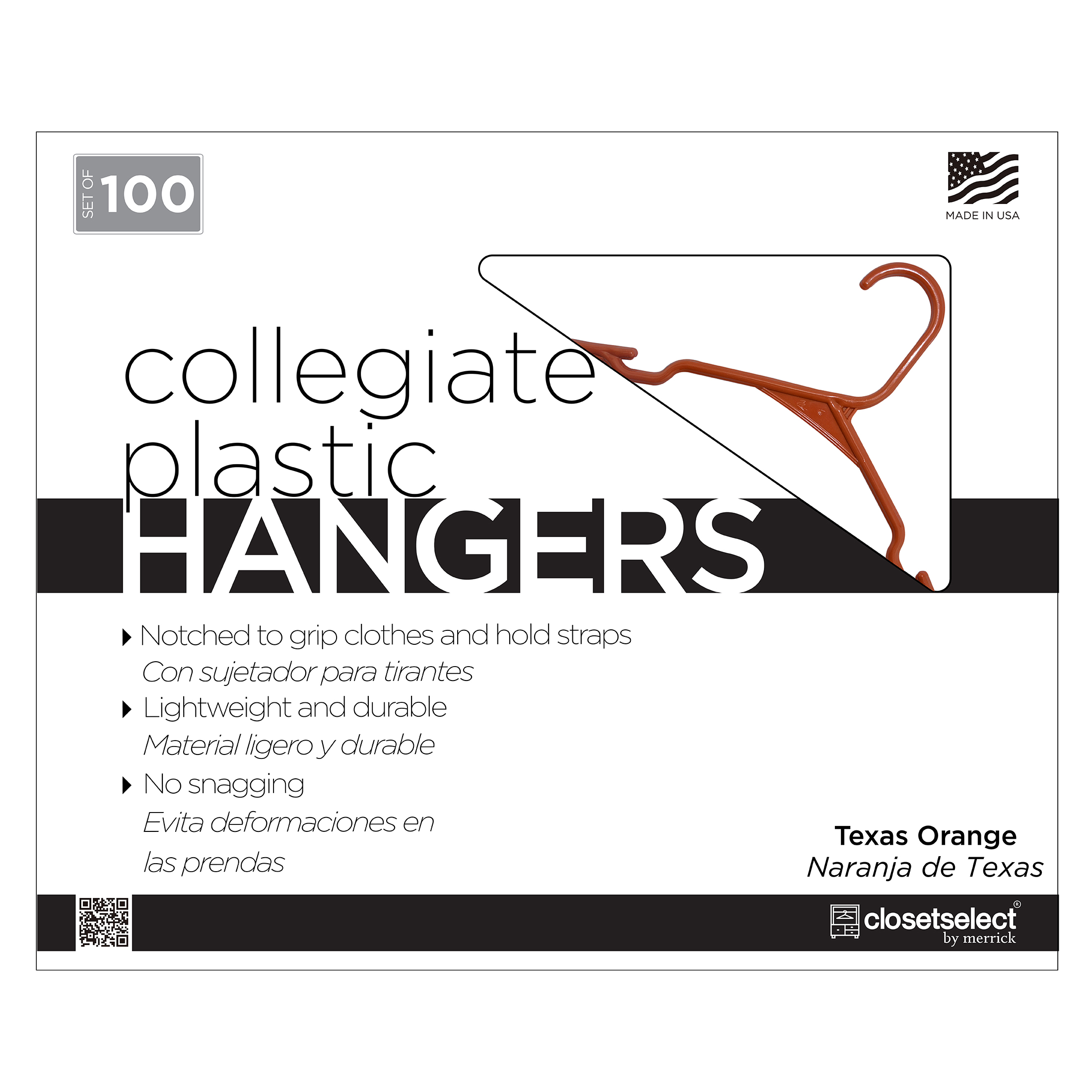 Closetselect Plastic Notched Adult Hangers for Any Clothing Type, Texas Orange 100 Count