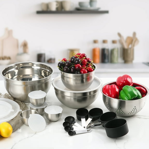 Mixing Bowls With Lids Set, 23PCS Mixing Bowls Set, Stainless Steel Kitchen Nesting Metal Bowl, 1.5, 3, 5 quart, Measuring Cups for Prepping Cooking Serving