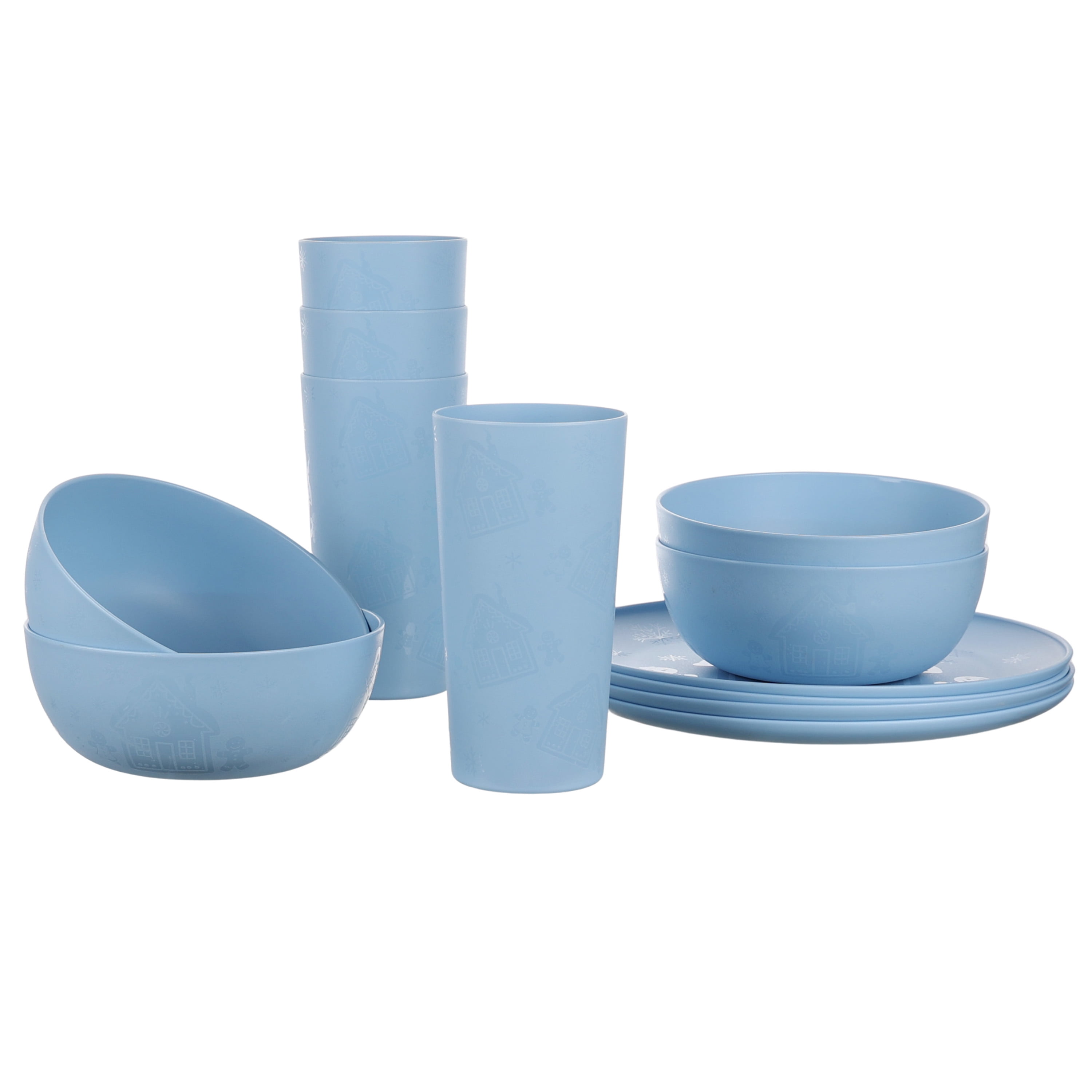 Mainstays 12-Piece Plastic Etched Gingerbread Dinnerware Set, Blue