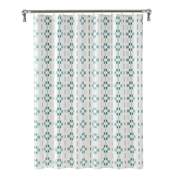 Mainstays Printed PEVA Teal Tile Block Geometric Shower Curtain Set, 12 Metal Hooks 70"x72"
