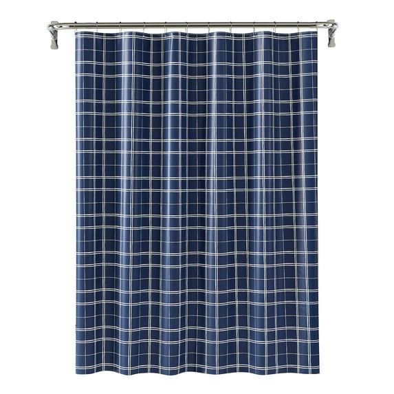 Mainstays Printed PEVA Nautical Navy Plaid Shower Curtain Set, 12 Metal Hooks 70"x72"