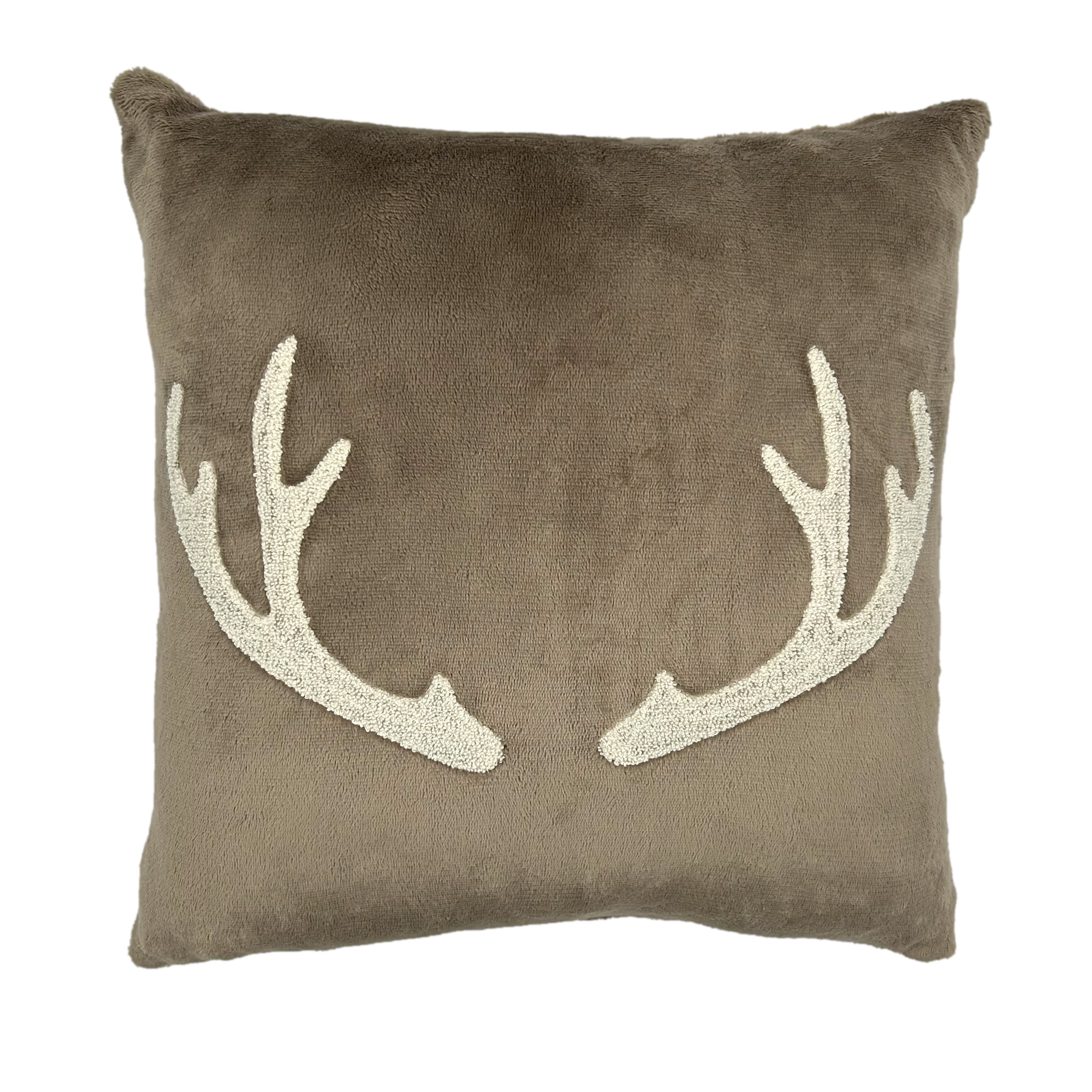 Tan and Ivory Embroidered Velvet Antler Pillow, 18 x 18 Inches