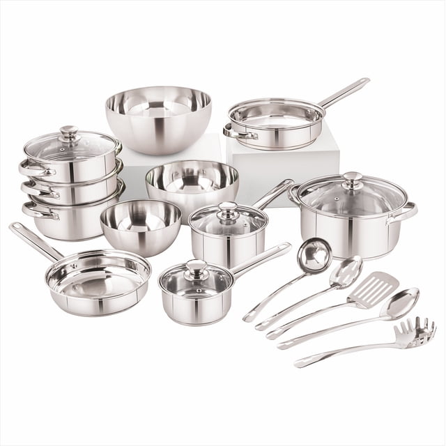 Mainstays 20-Piece Stainless Steel Cookware Set with Glass Lids, Steamer, Mixing Bowls & Kitchen Tools