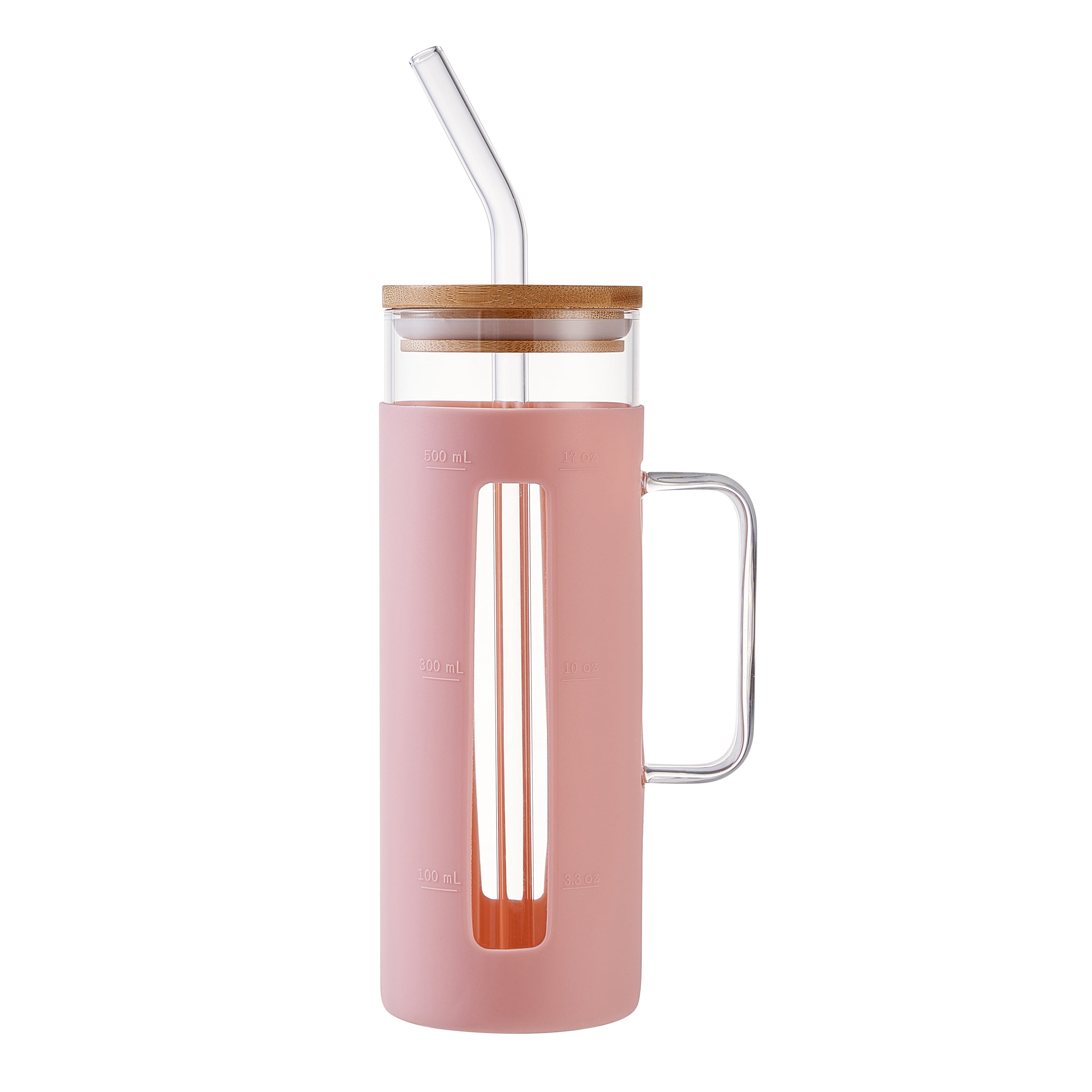 Mainstays Glass 22oz Tumbler with Pink Protective Silicone Sleeve, Bamboo  lid, Glass Straw