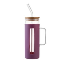 Mainstays Glass 22oz Tumbler with Purple Protective Silicone Sleeve, Bamboo lid, Glass Straw