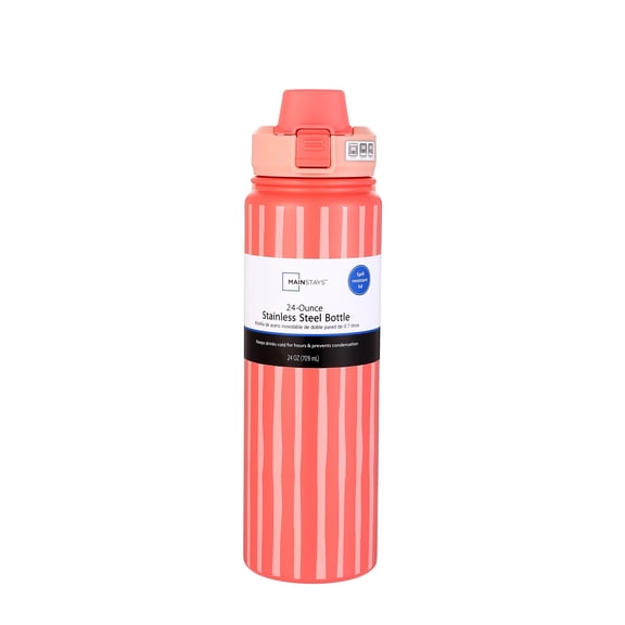 Mainstays 24 oz Double Wall Stainless Steel Water Bottle with Straw Lid Coral