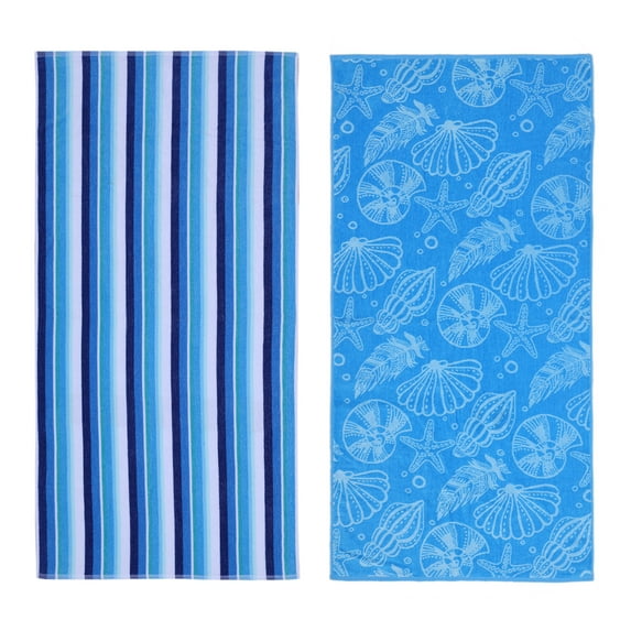 Mainstays 2pk Cotton Beach Towel, 58 x 28 in, Blue Shells & Stripes