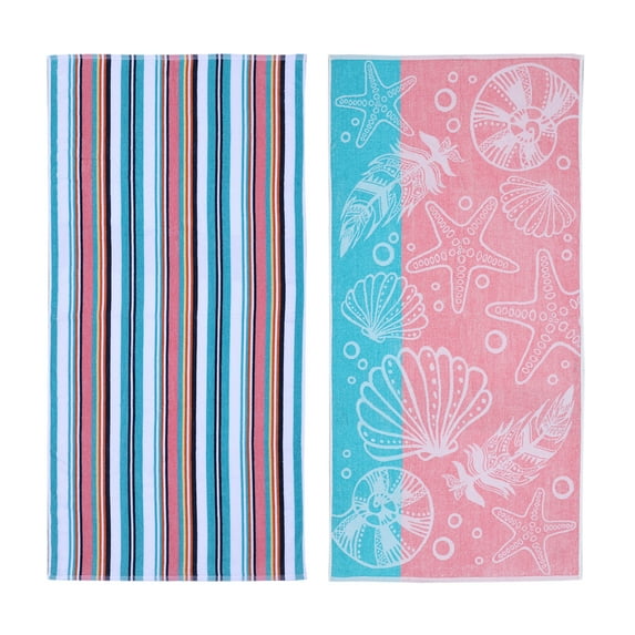 Mainstays 2pk Cotton Beach Towel, 58 x 28 in, Coral Starfish & Stripes