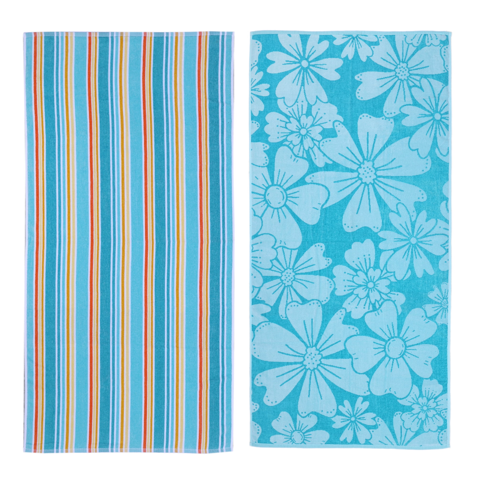 Mainstays Green Flower & Stripes Beach Towels, 2 Count