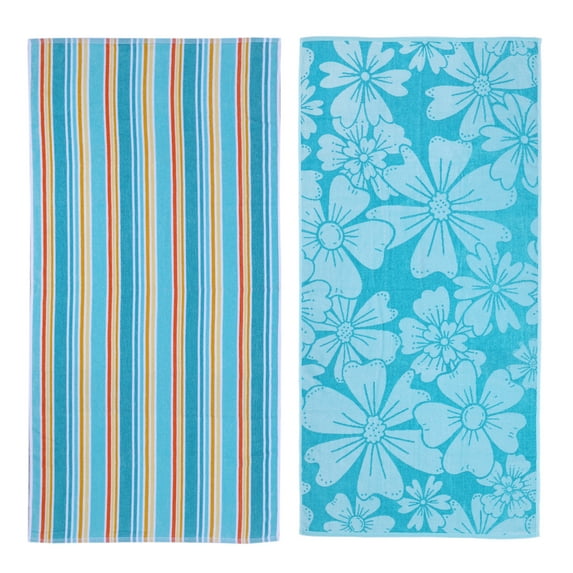 Mainstays Green Flower & Stripes Beach Towels (2 Count)