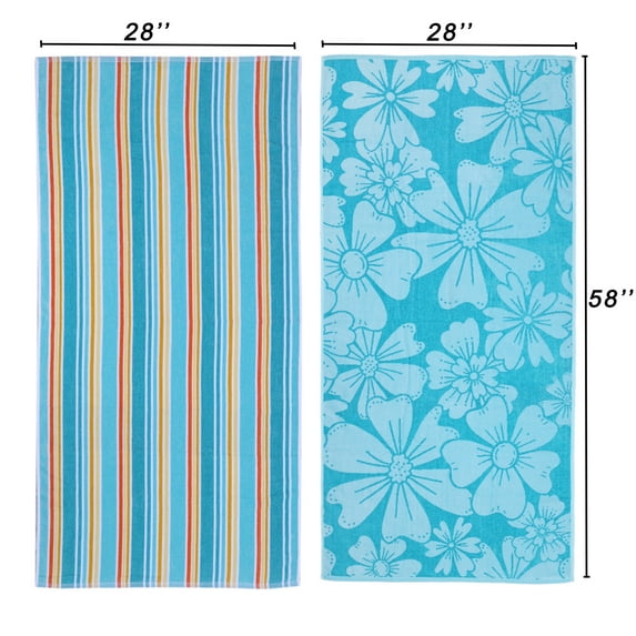 Mainstays 2pk Cotton Beach Towel, 58 x 28 in, Flowers & Stripes