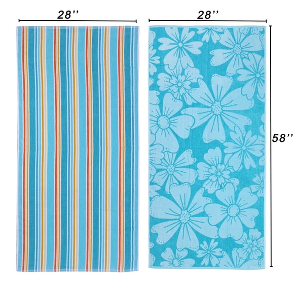 Mainstays 2pk Cotton Beach Towel, 58 x 28 in, Flowers & Stripes