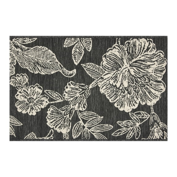 Mainstays 24 in x 36 in Black & White Floral Outdoor Scatter Rug