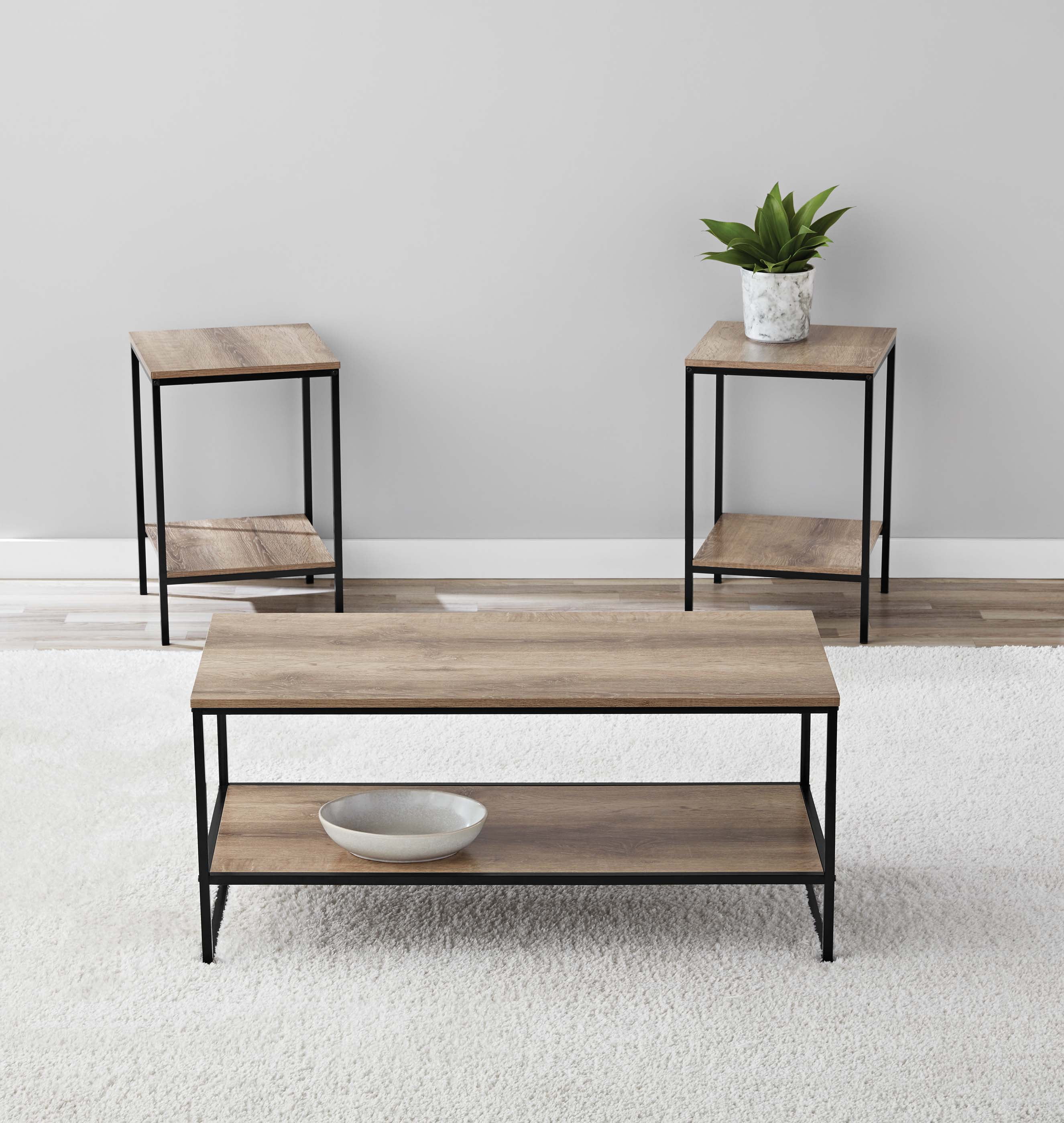 Mainstays 3 Piece Coffee and End Table Set with Rustic Brown Finish and Black Metal Frame