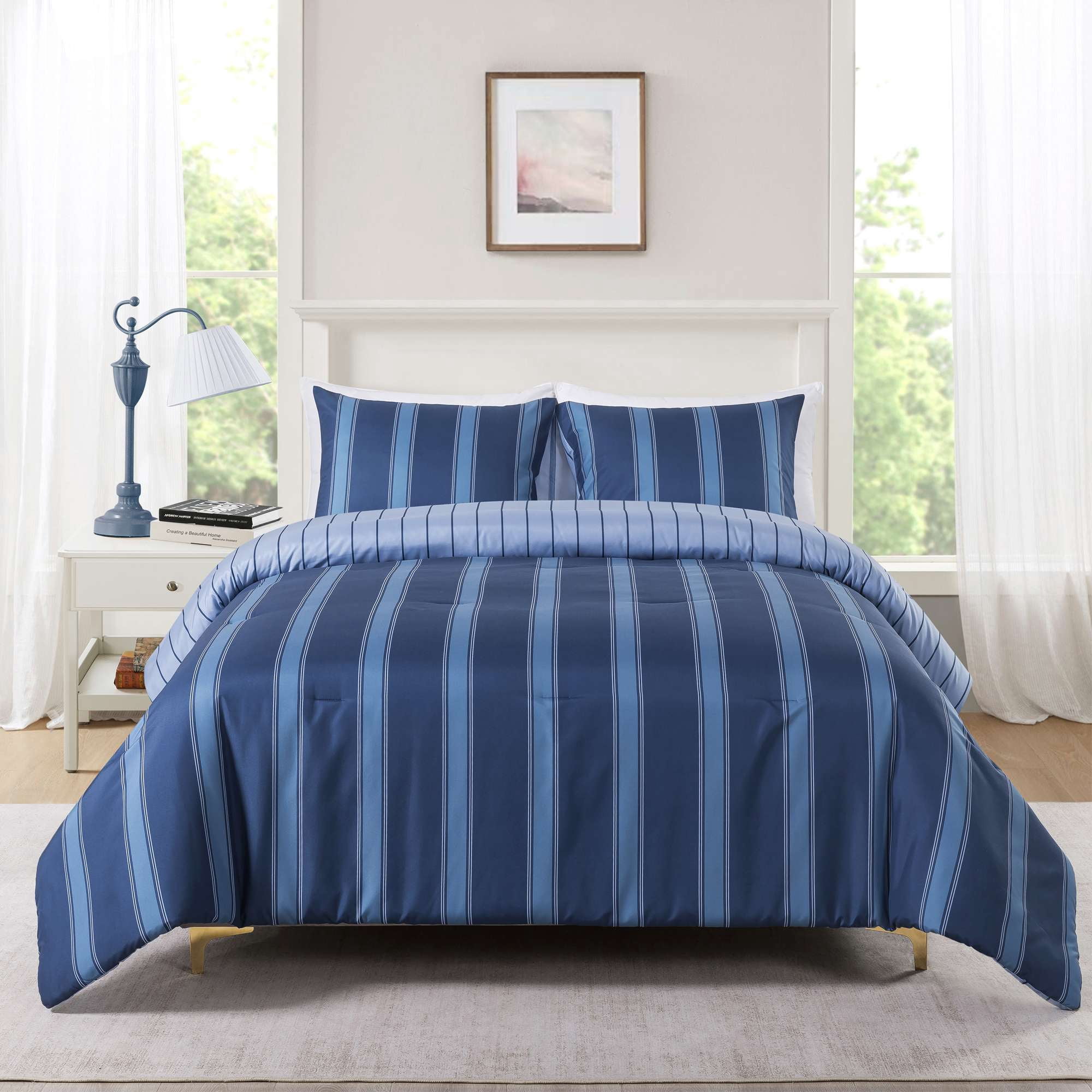Mainstays King Comforter Set, 3-Piece, All-Season, Navy Blue Stripe