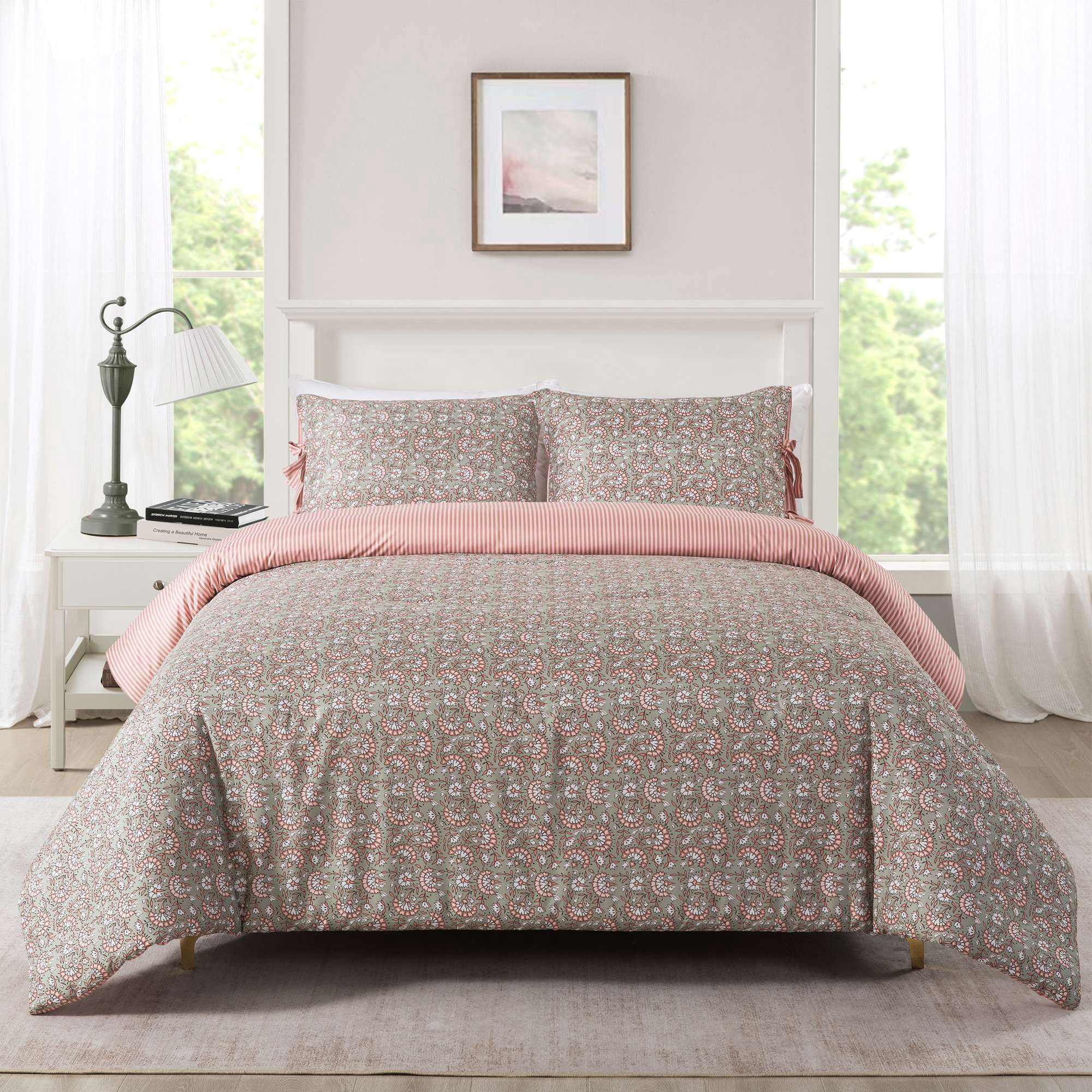 Mainstays Full/Queen Comforter Set, All-Season Reversible, 3-Piece, Green Floral Bowknot