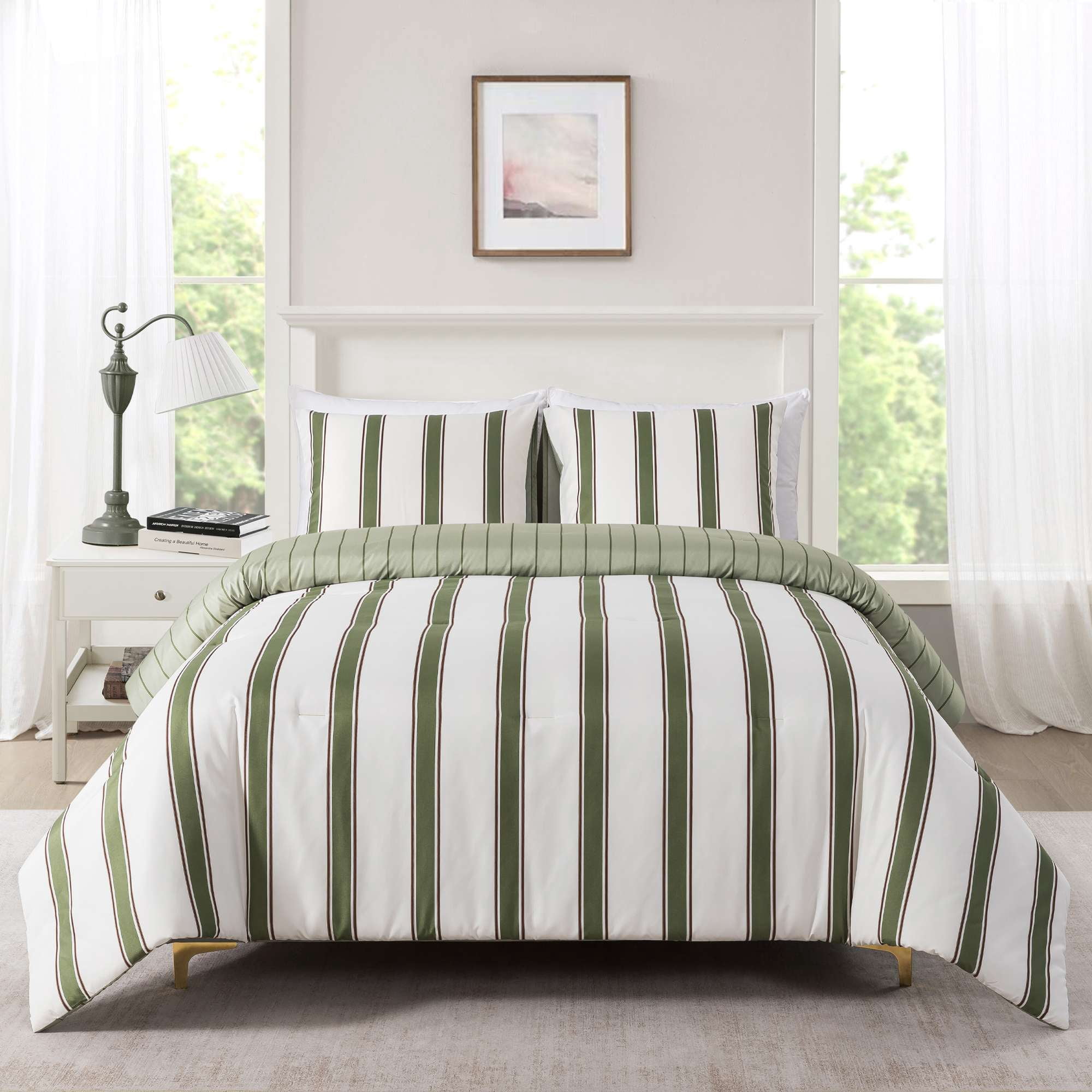 Mainstays King Comforter Set, All-Season, 3-Piece, Green Stripe