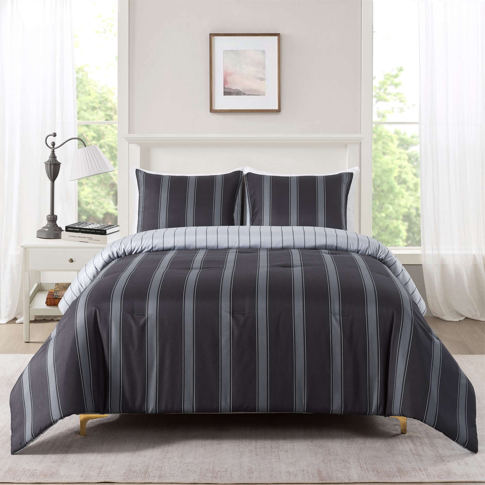 Mainstays Full/Queen Comforter Set, All-Season, 3-Piece, Dark Grey Stripe