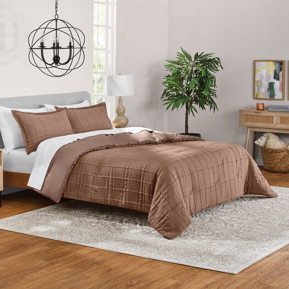 Mainstays 3-Piece Warm Brownie Grid Adult Comforter Set, All-Season, Full/Queen