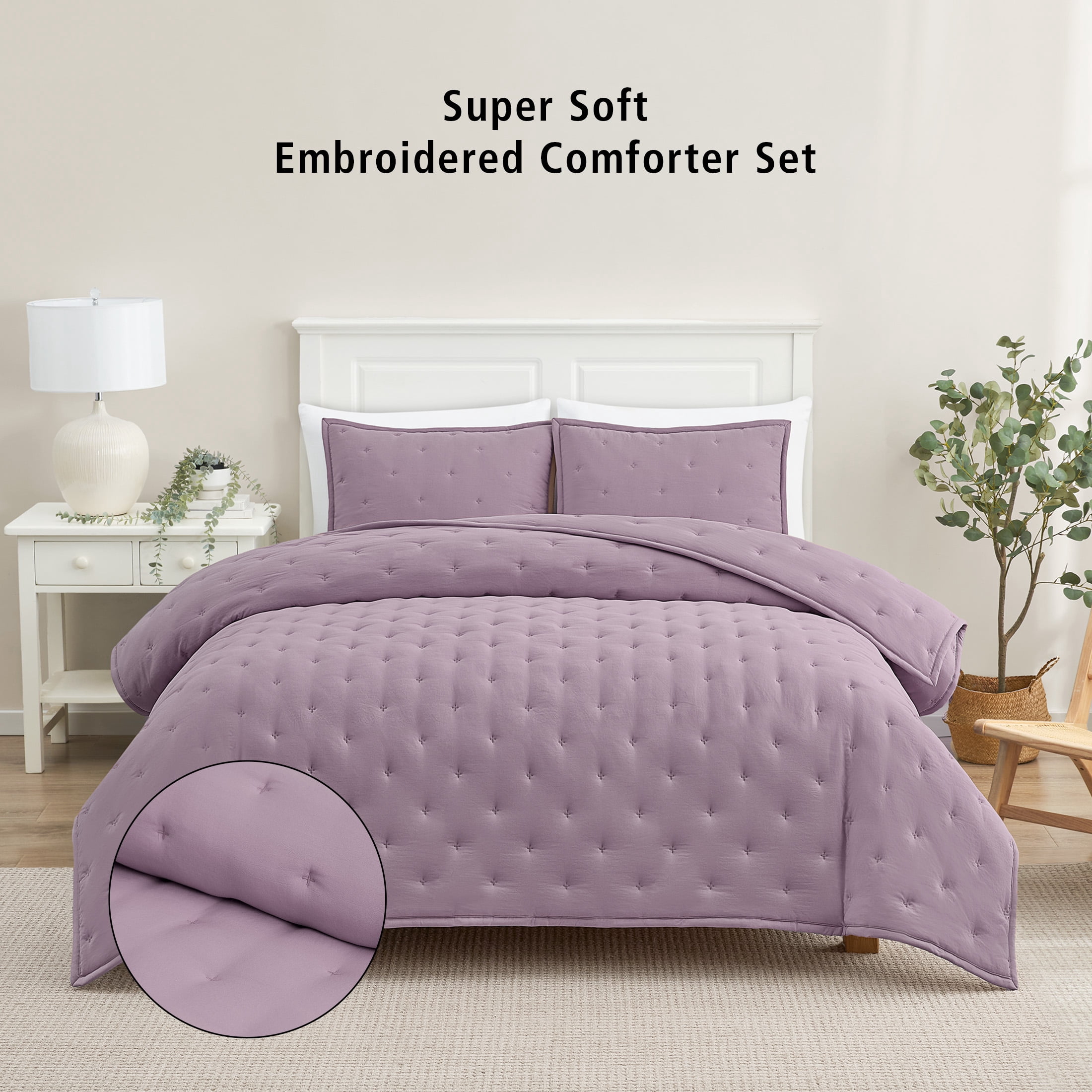 Mainstays Full/Queen Comforter Set, Soft Lightweight & All Season, 3-Piece, Hazy Purple