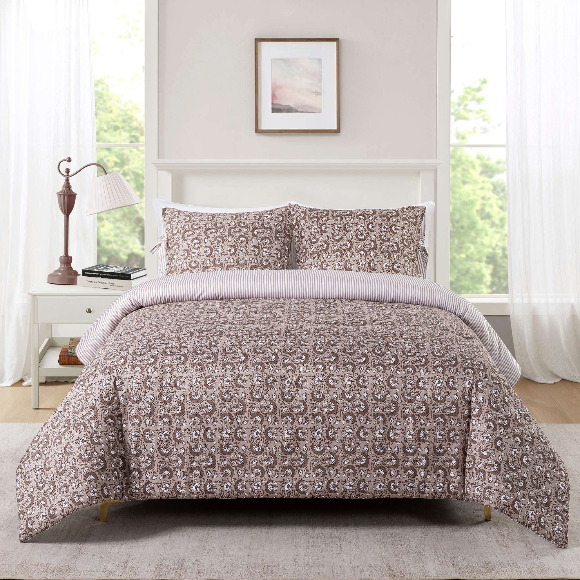 Mainstays Full/Queen Reversible Comforter Set, 3-Piece, All-Season, Tan Floral
